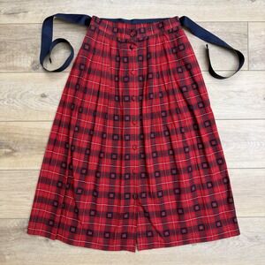 Vintage Susan Bristol Pleated Plaid Midi Skirt‎ Twee Academia Buttons Red Tartan